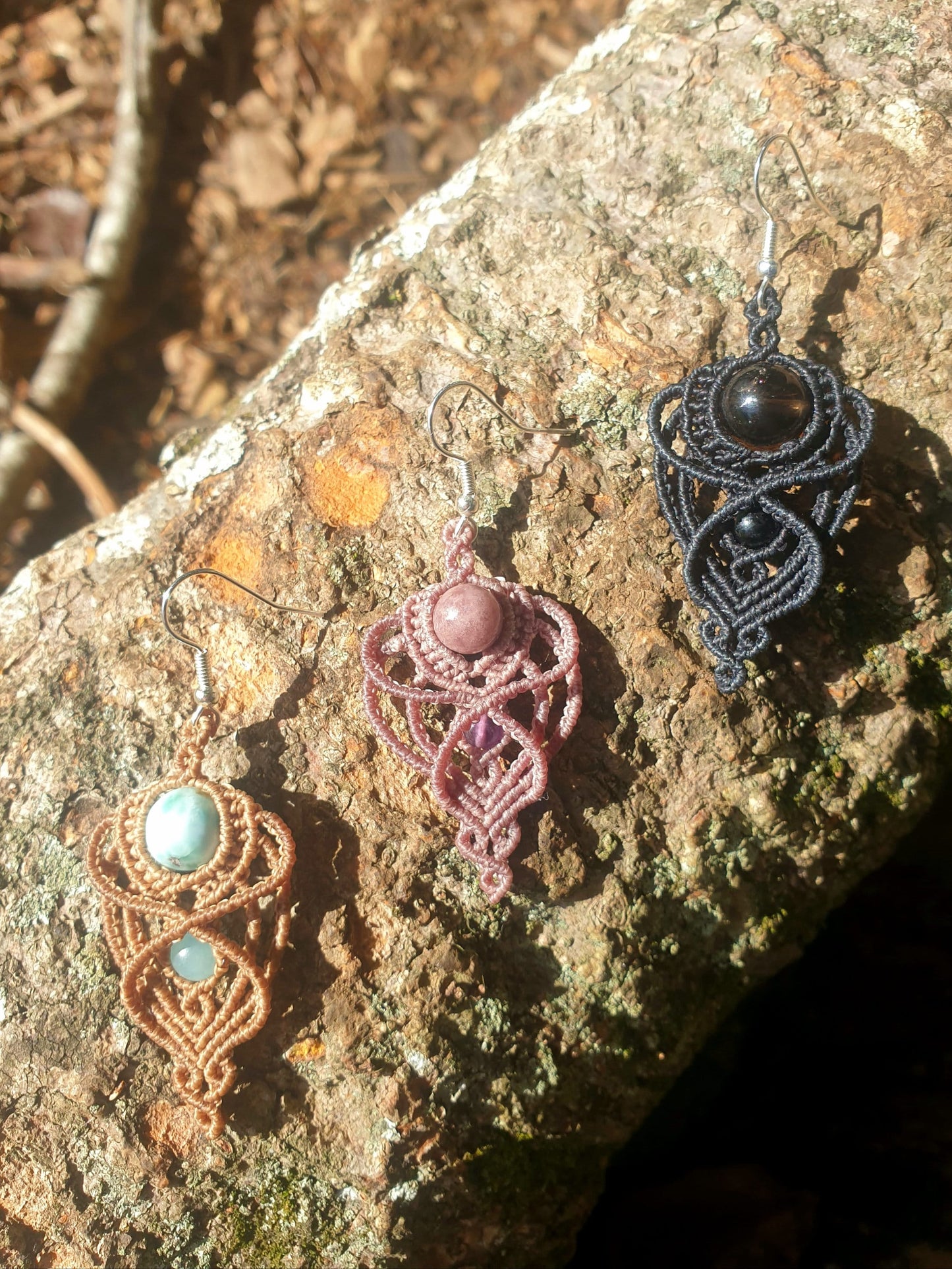 Fae Smokey Quartz and Obsidian Macrame earrings