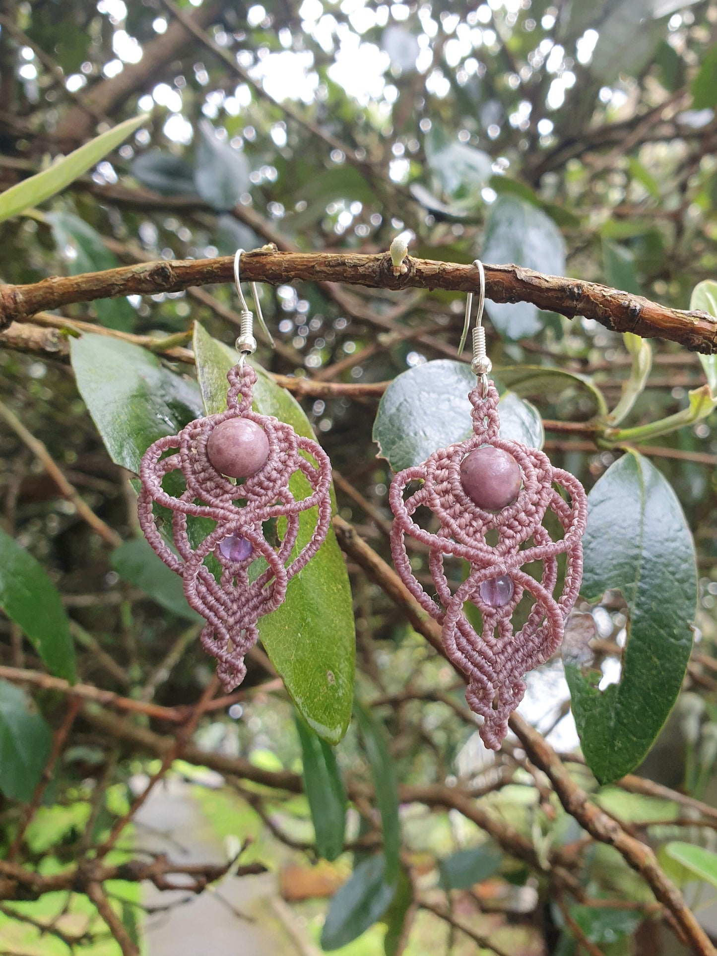 Lepidolite and Amethyst Fae Macrame earrings