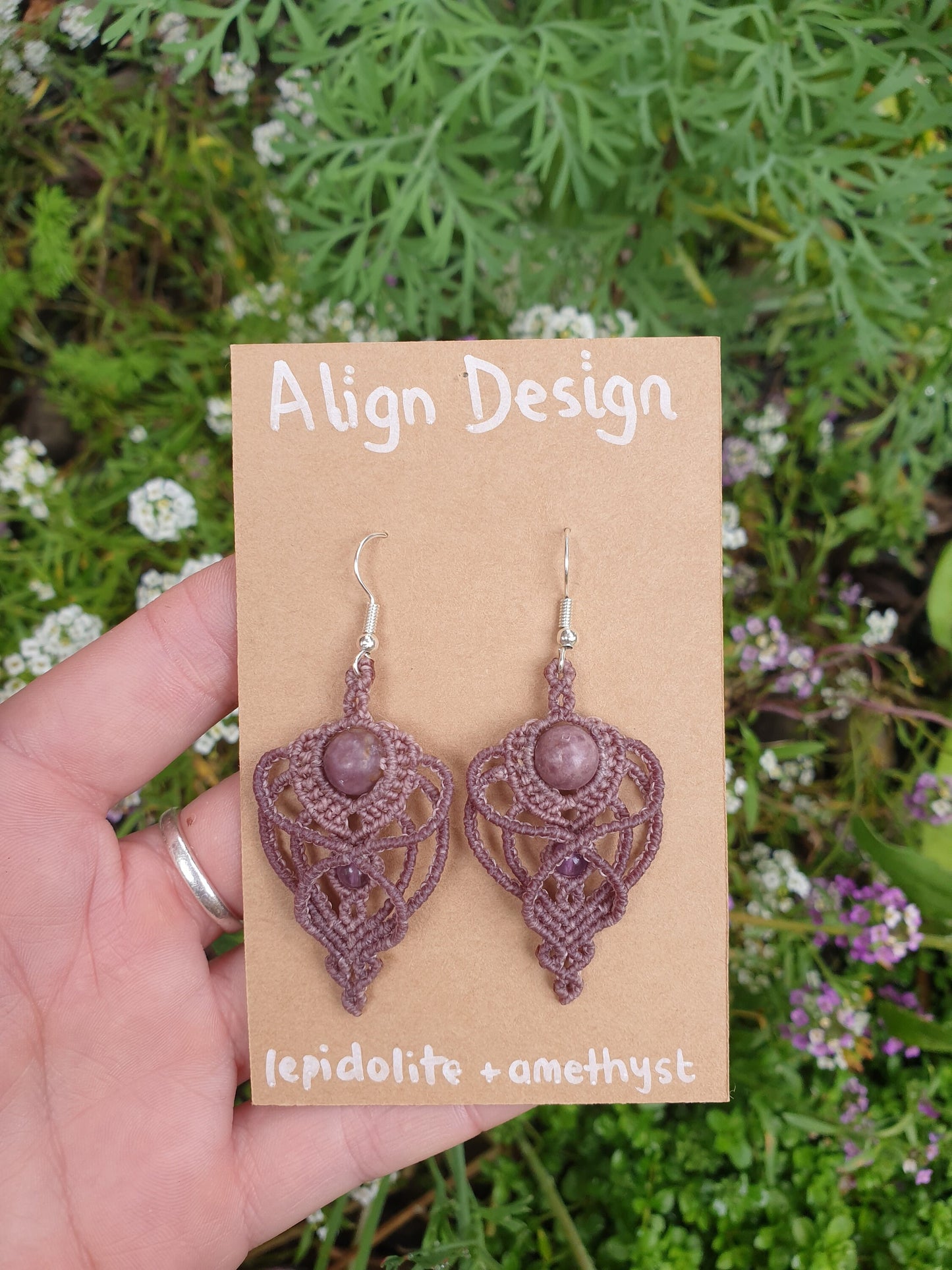 Lepidolite and Amethyst Fae Macrame earrings