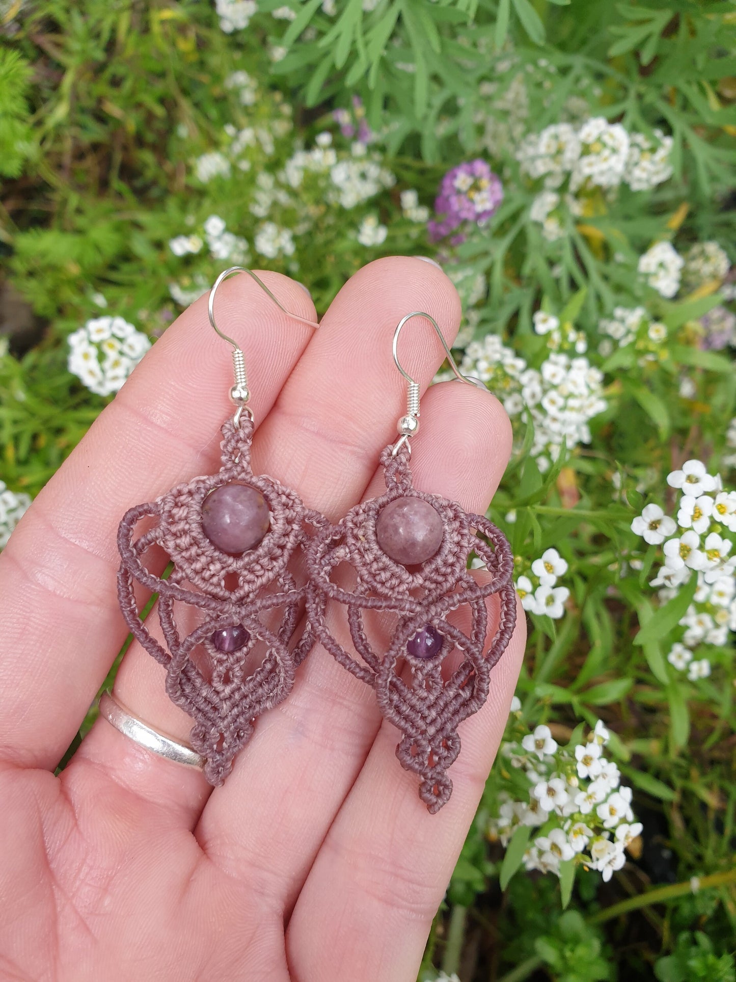 Lepidolite and Amethyst Fae Macrame earrings