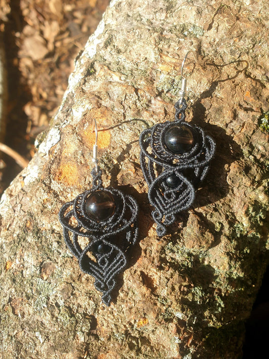 Fae Smokey Quartz and Obsidian Macrame earrings