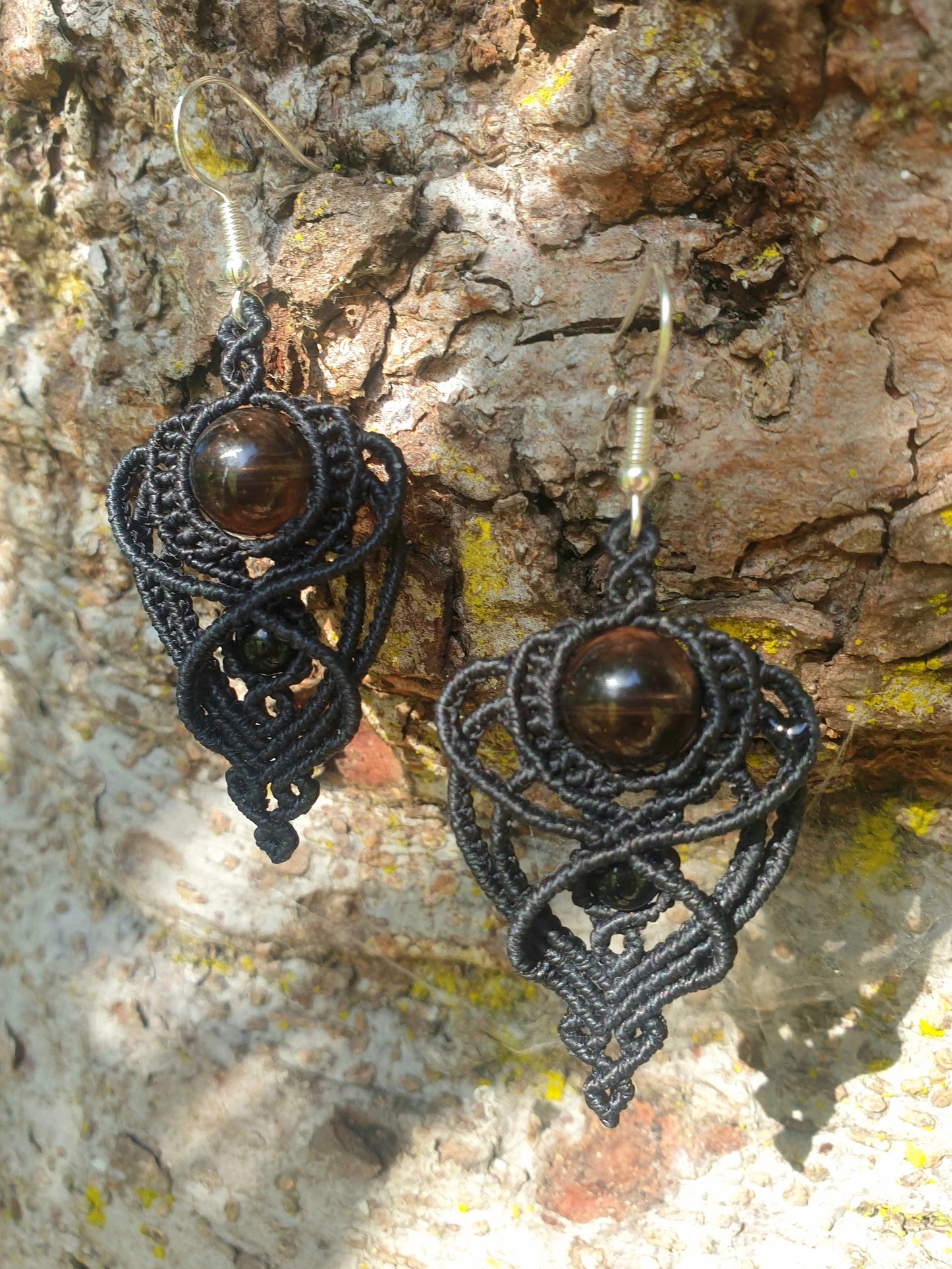 Fae Smokey Quartz and Obsidian Macrame earrings