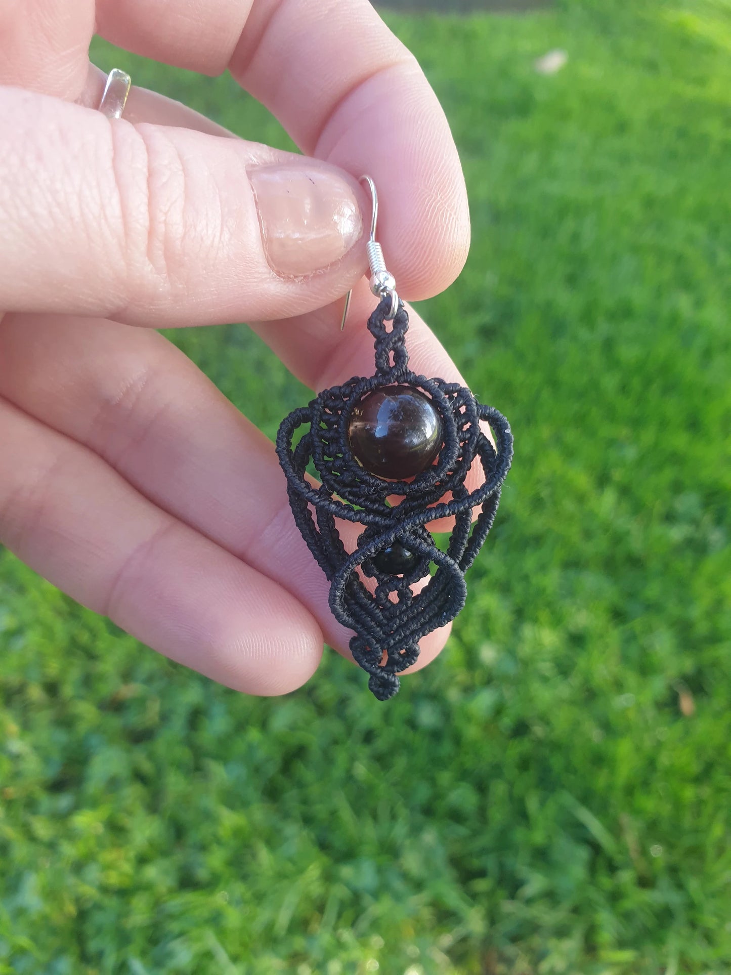 Fae Smokey Quartz and Obsidian Macrame earrings