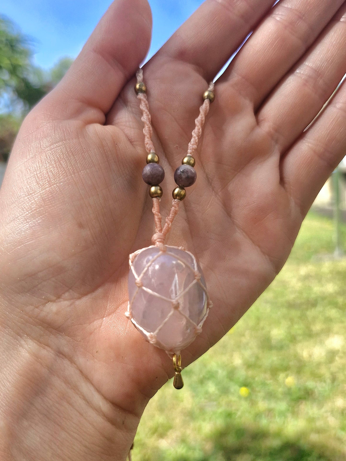 Aura Rose Quartz macrame necklace