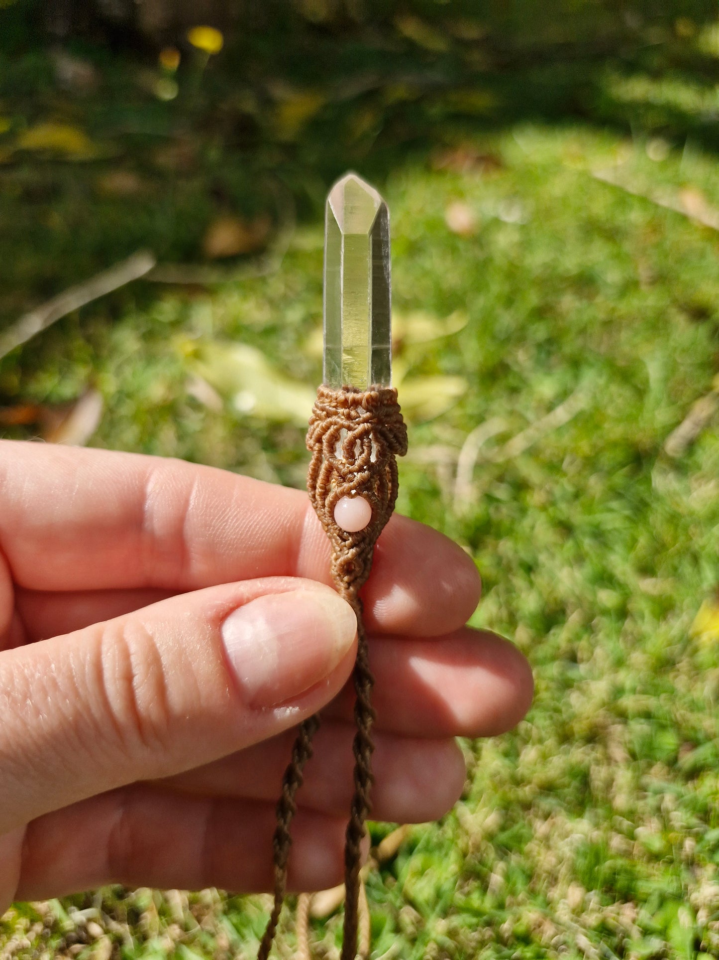 Clear Quartz point and Pink Opal talisman