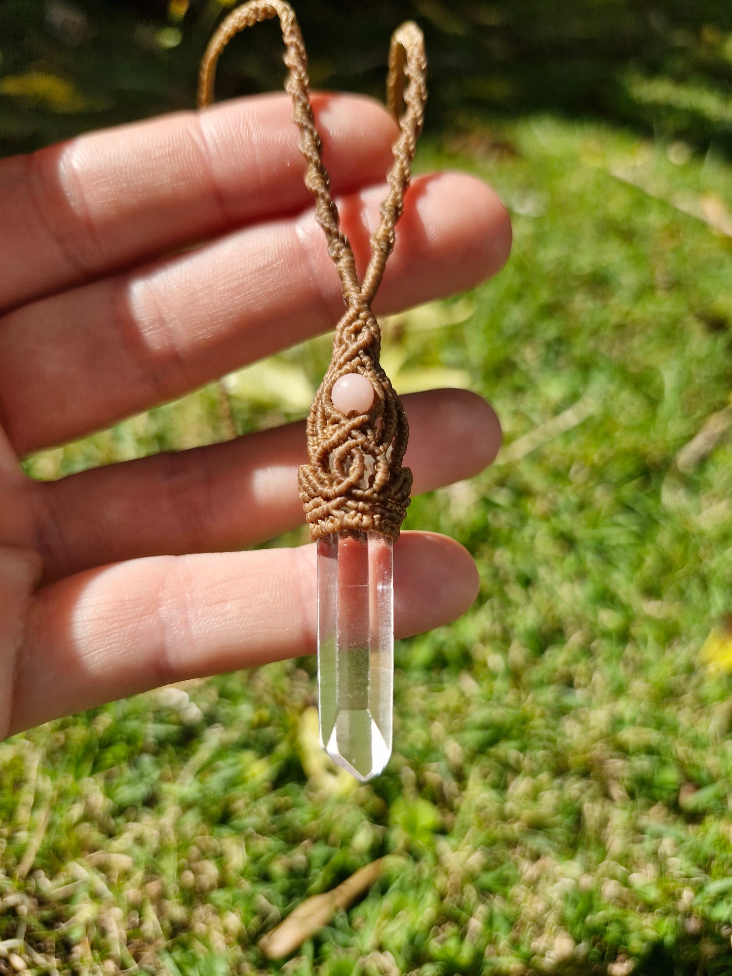 Clear Quartz point and Pink Opal talisman