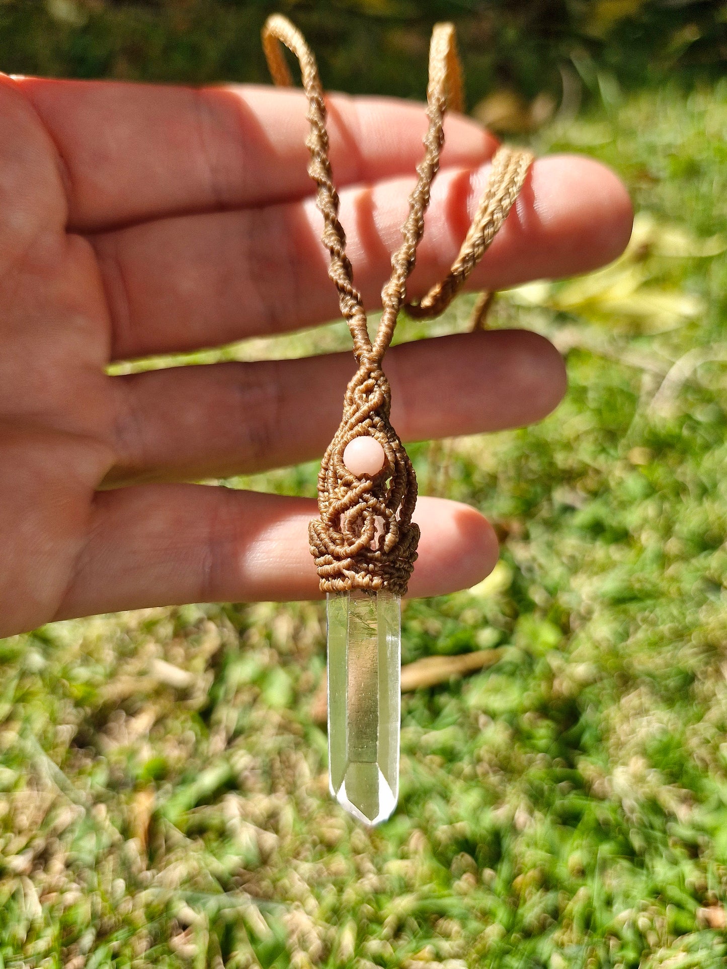 Clear Quartz point and Pink Opal talisman