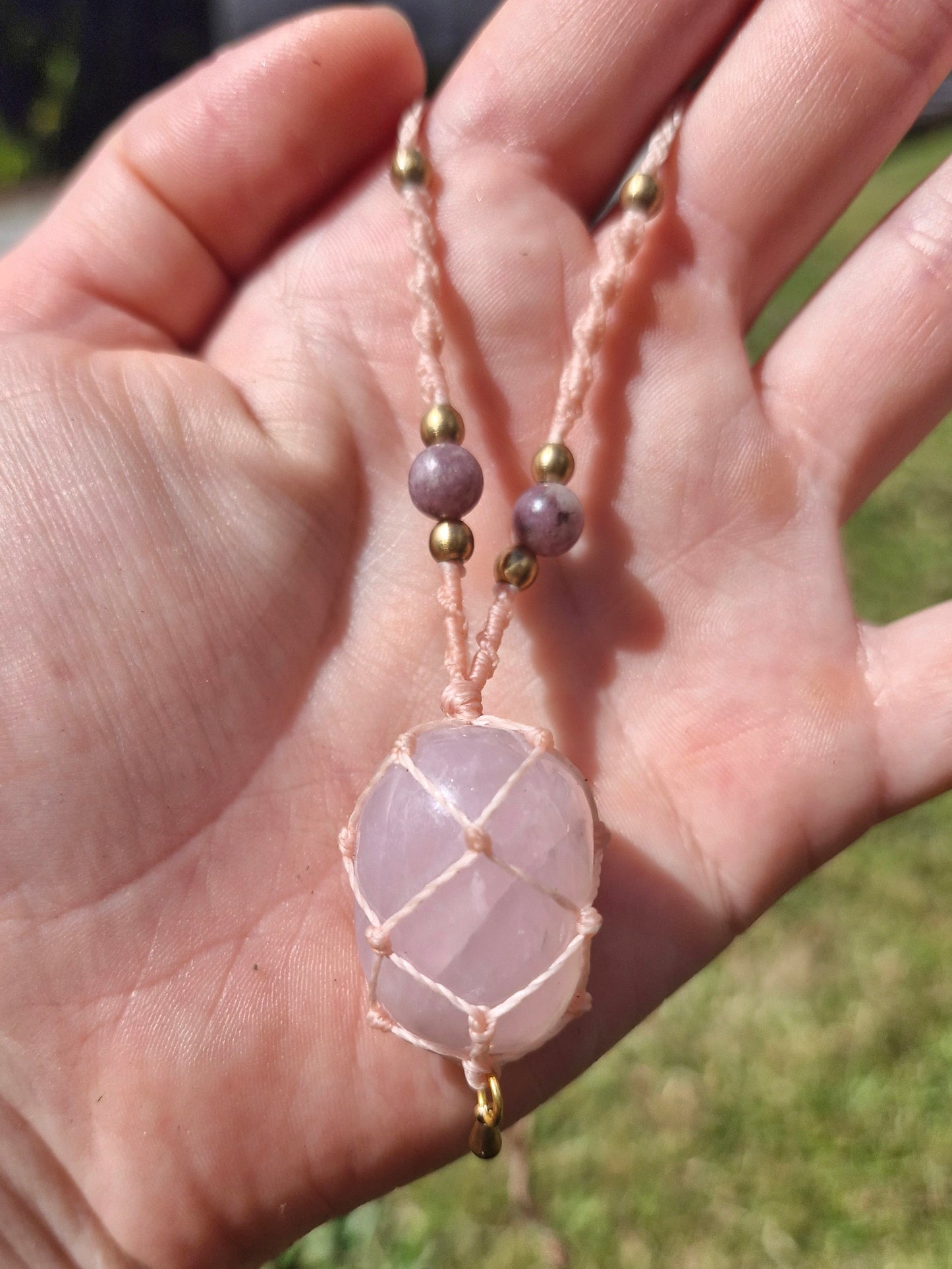 Aura Rose Quartz macrame necklace