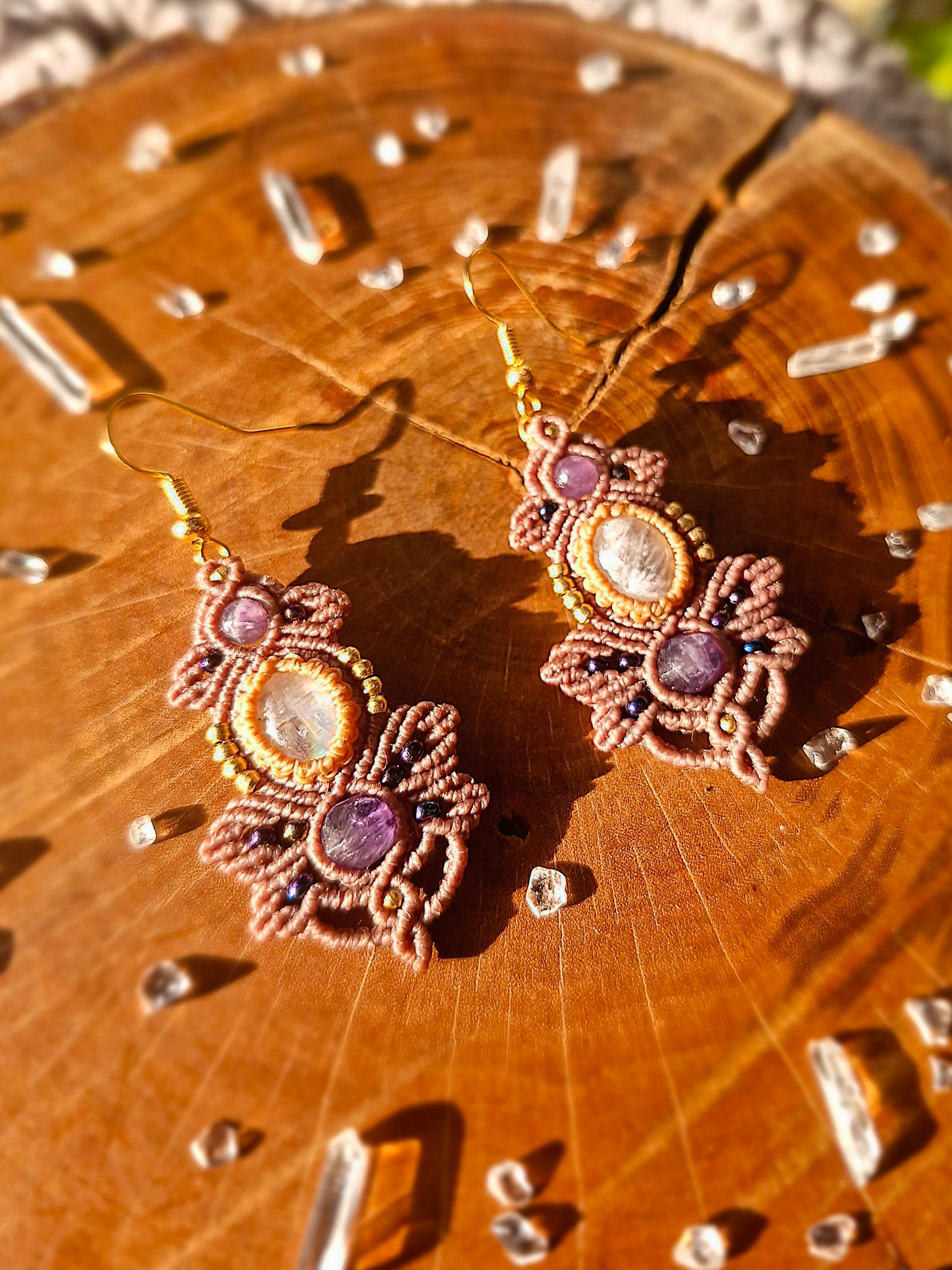Amethyst and Moonstone macrame earrings (gold)
