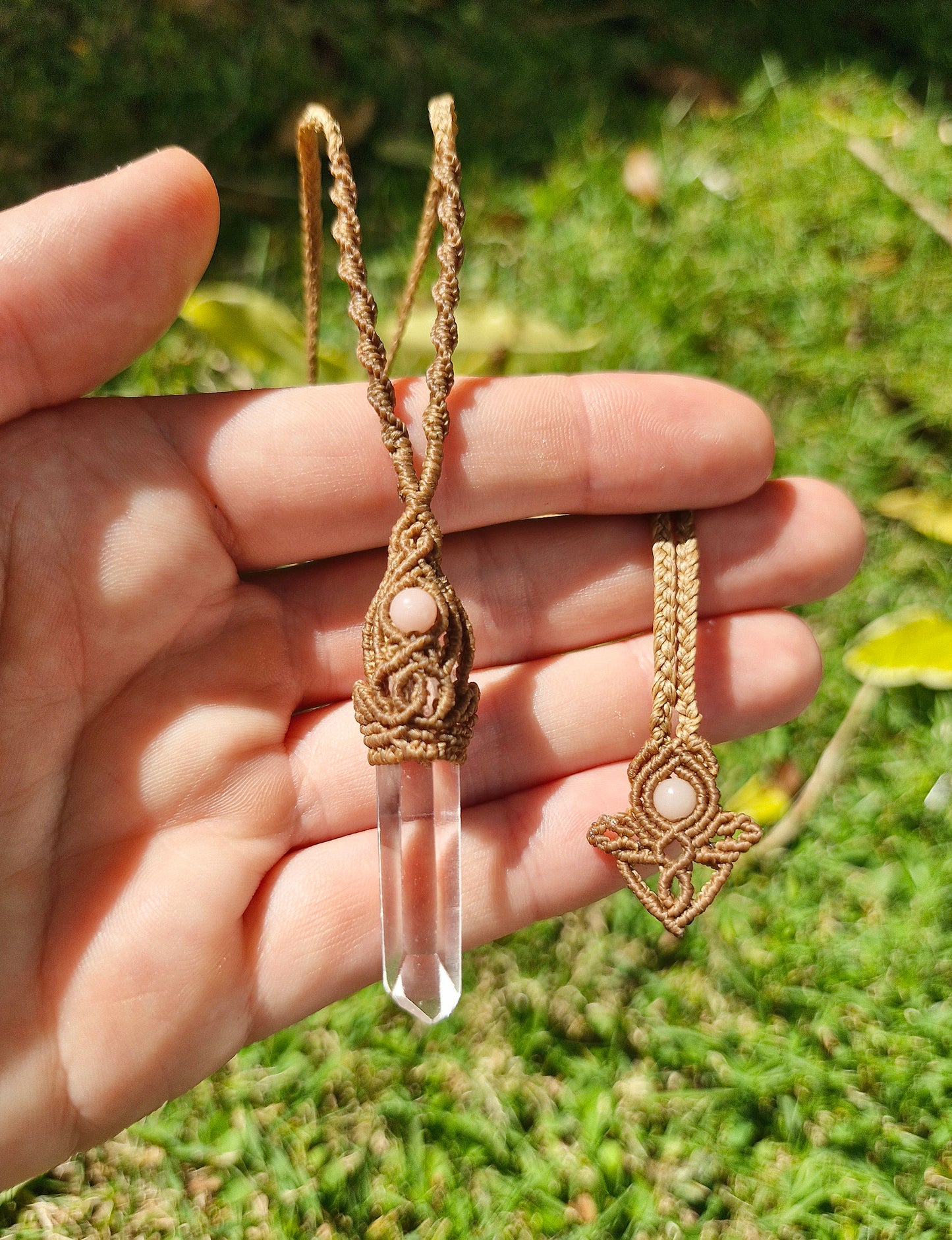 Clear Quartz point and Pink Opal talisman
