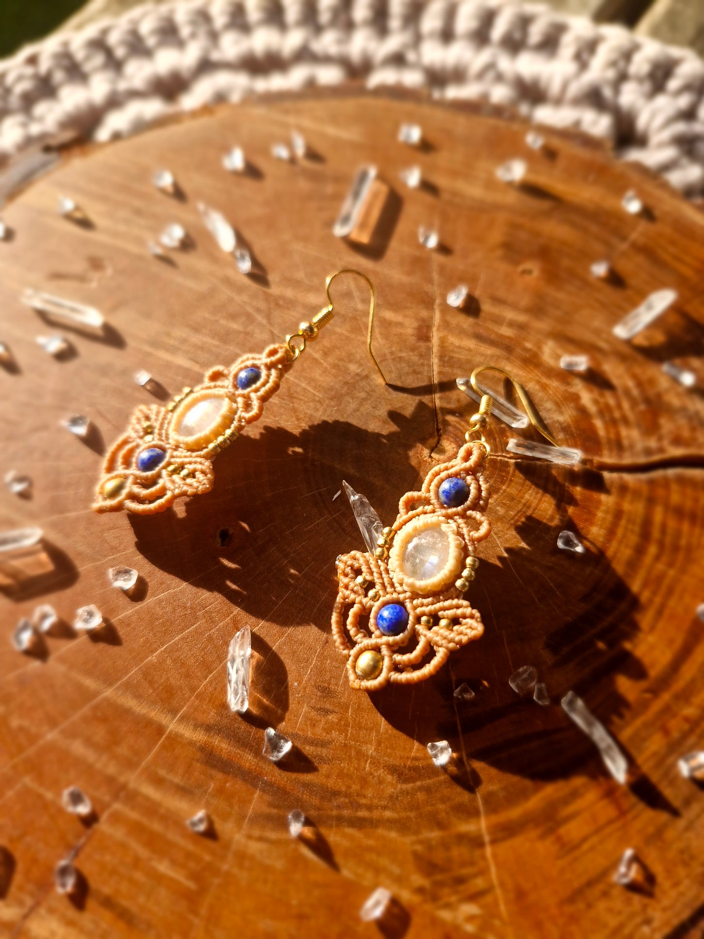 Moonstone and Lapis Lazuli macrame earrings