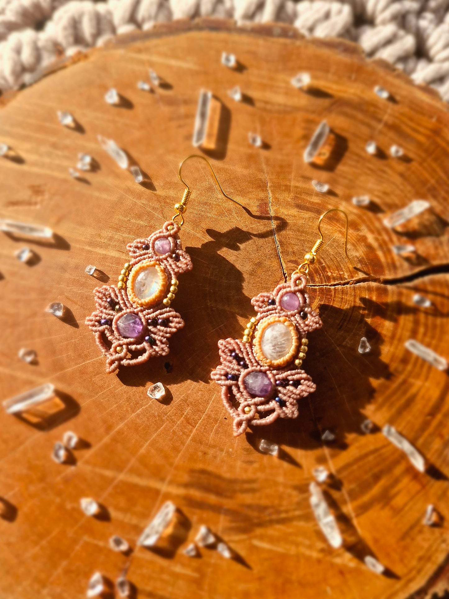 Amethyst and Moonstone macrame earrings (gold)