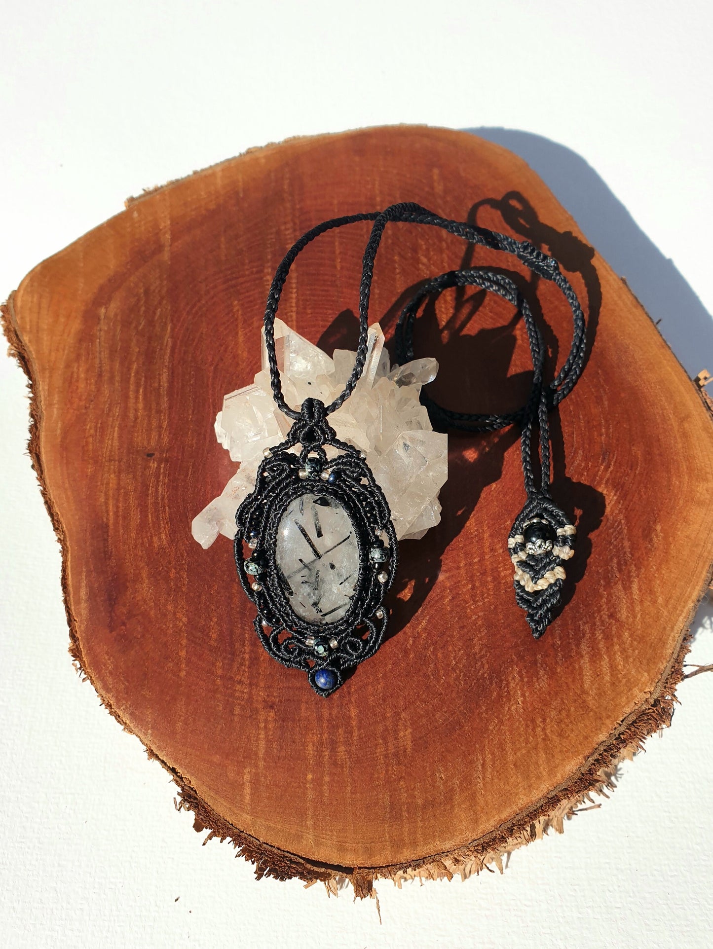 Tourmalinated Quartz Crystal Macrame Pendant Necklace