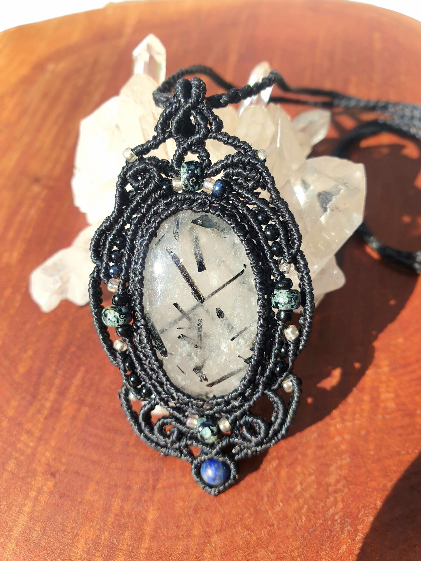 Tourmalinated Quartz Crystal Macrame Pendant Necklace