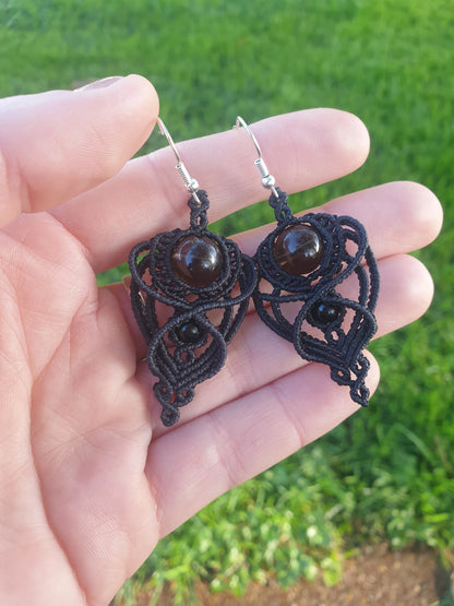 Fae Smokey Quartz and Obsidian Macrame earrings