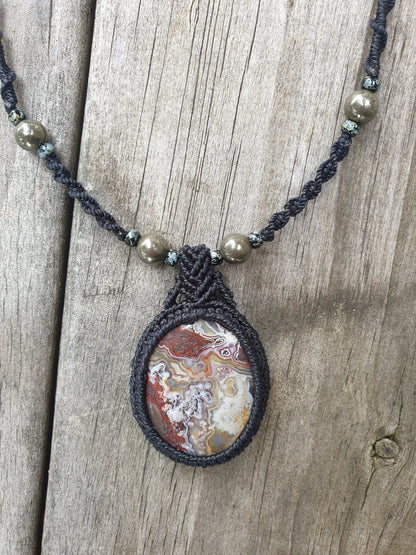 Crazy Lace Agate and Pyrite macrame pendant