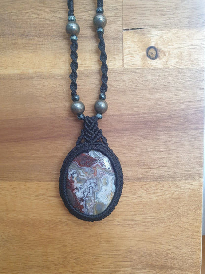Crazy Lace Agate and Pyrite macrame pendant