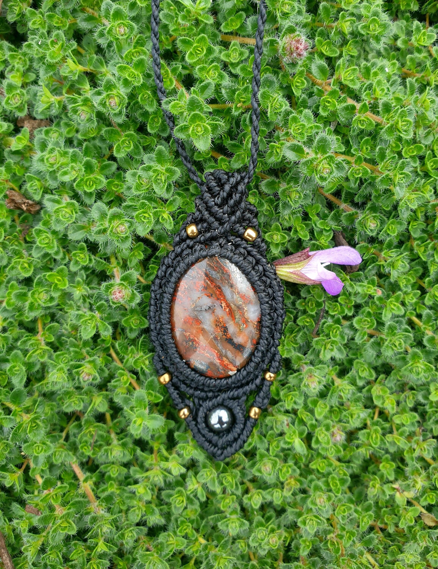 Red Jasper and Hematite macrame pendant