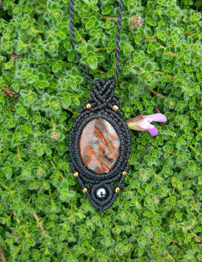 Red Jasper and Hematite macrame pendant