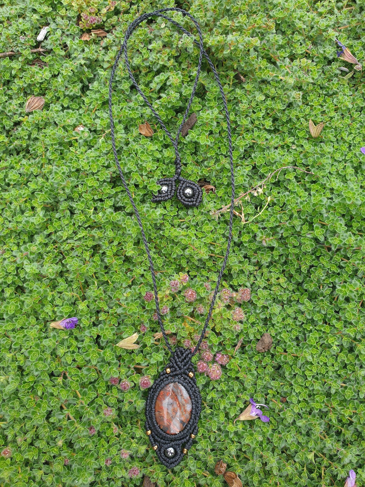 Red Jasper and Hematite macrame pendant