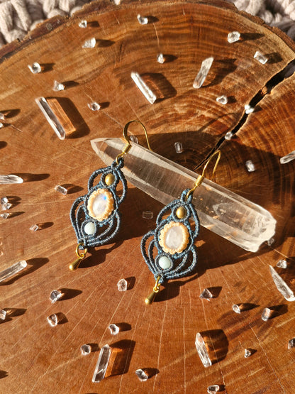 Aquamarine and Moonstone macrame earrings