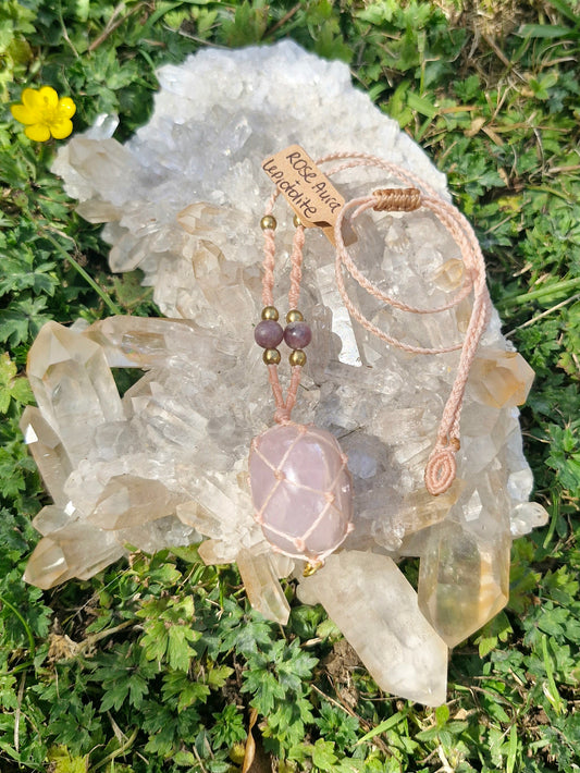 Aura Rose Quartz macrame necklace