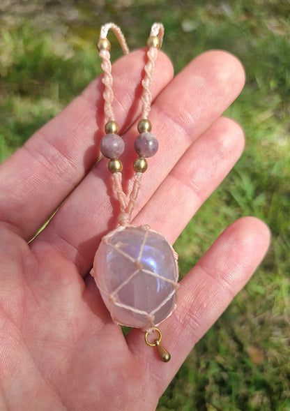 Aura Rose Quartz macrame necklace