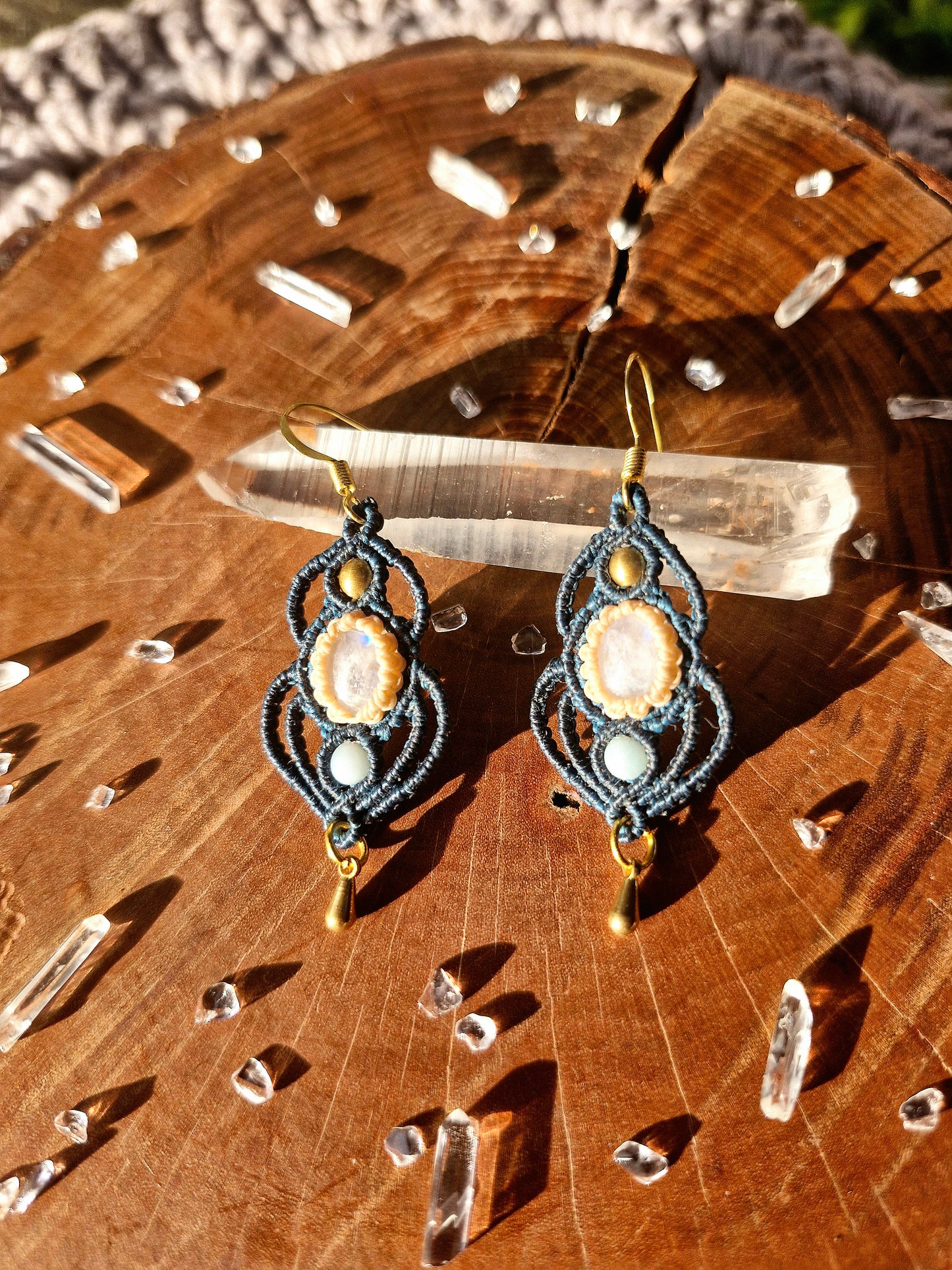 Aquamarine and Moonstone macrame earrings