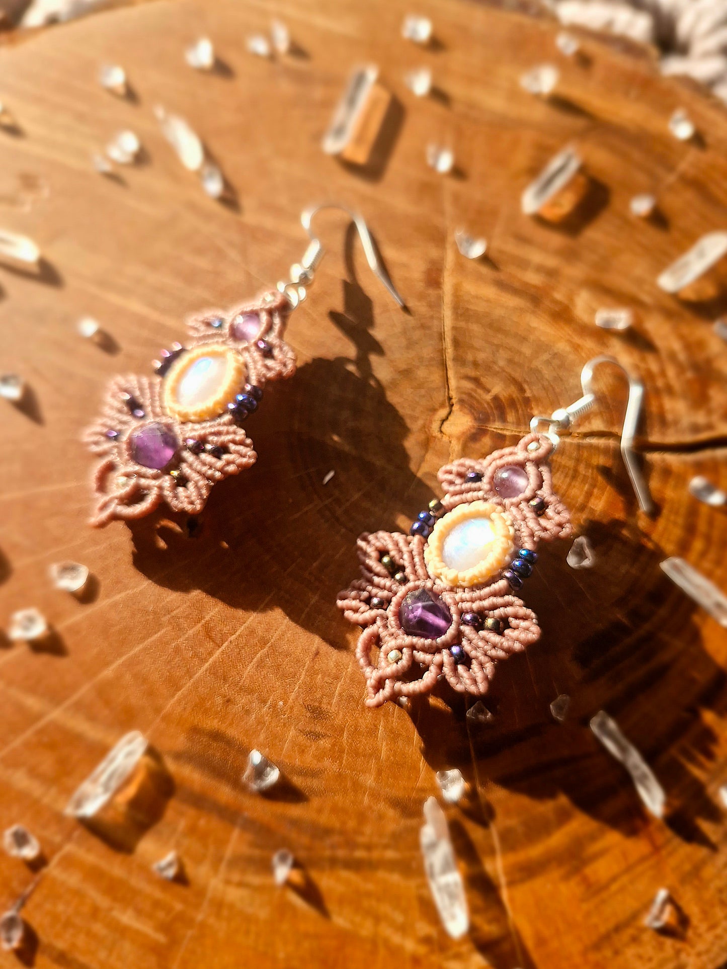 Amethyst and Moonstone macrame earrings (silver)
