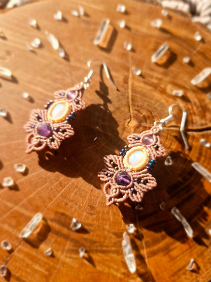 Amethyst and Moonstone macrame earrings (silver)