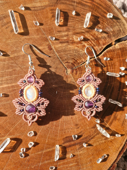 Amethyst and Moonstone macrame earrings (silver)