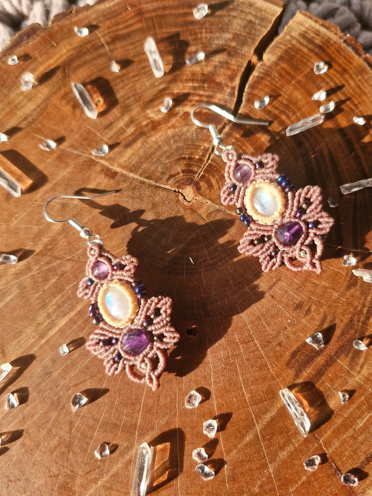 Amethyst and Moonstone macrame earrings (silver)