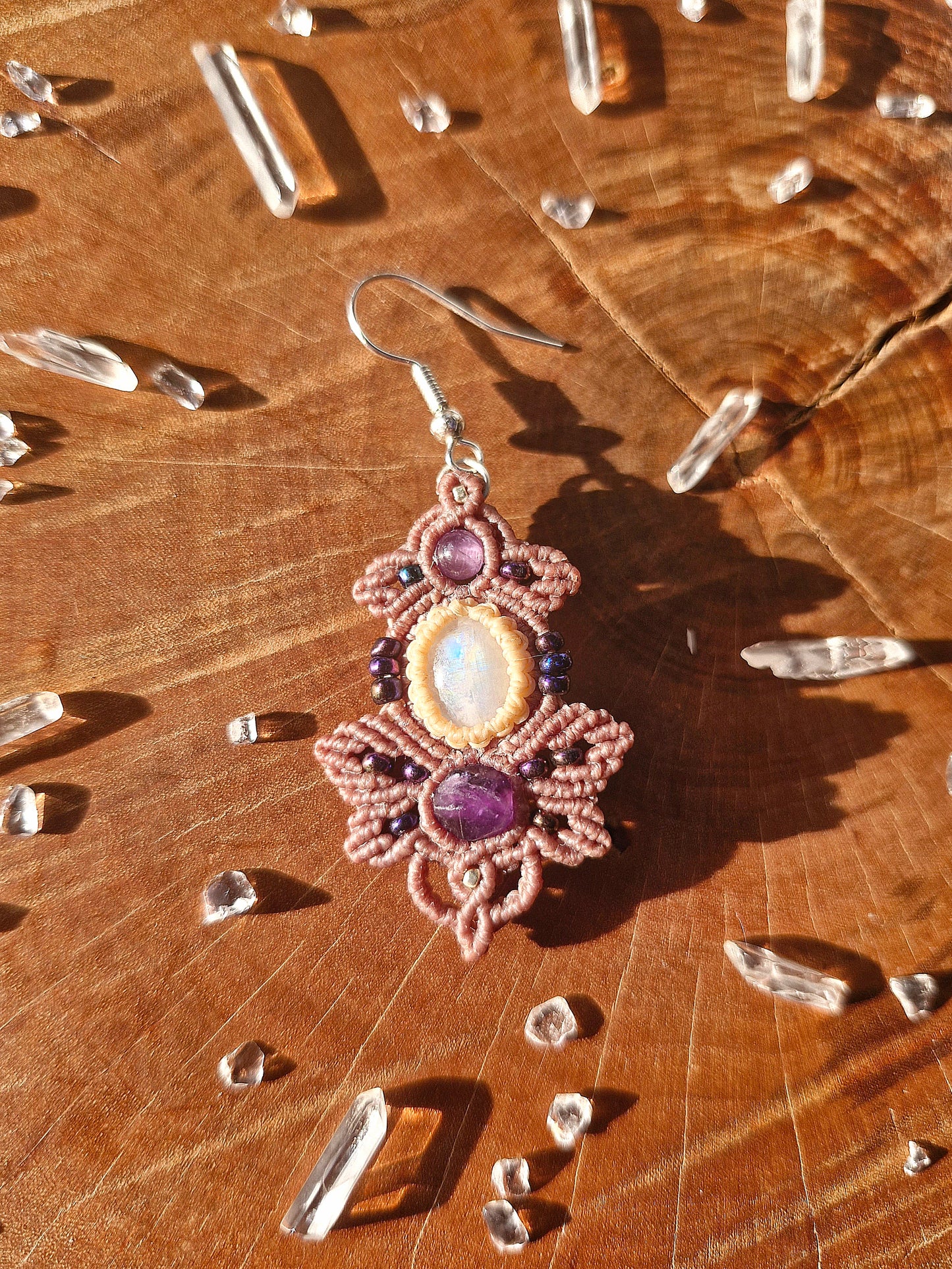 Amethyst and Moonstone macrame earrings (silver)