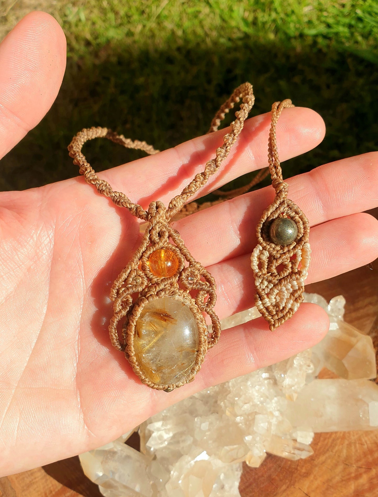 Rutilated Quartz, Citrine, and Pyrite Macrame Pendant Necklace