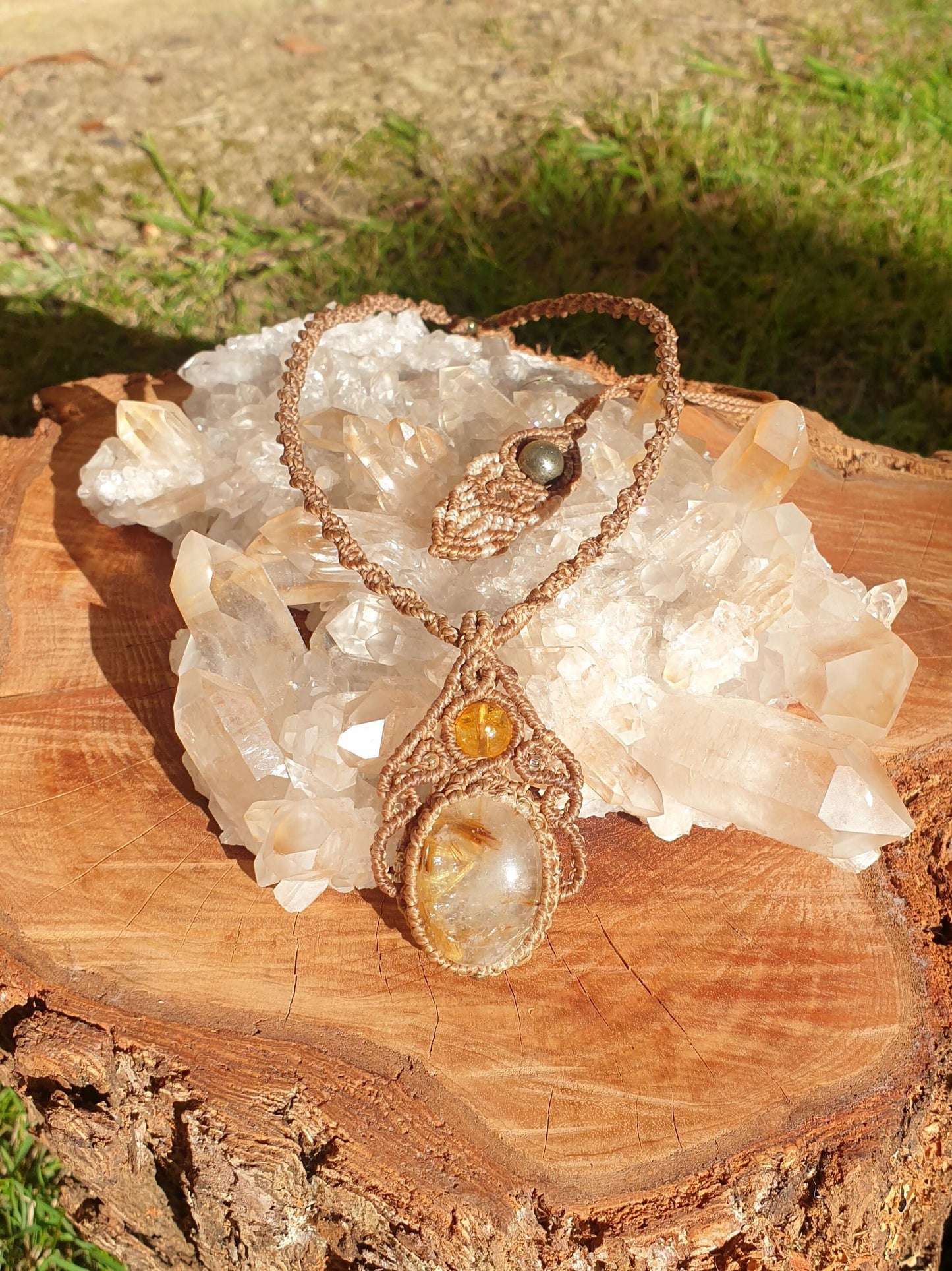 Rutilated Quartz, Citrine, and Pyrite Macrame Pendant Necklace