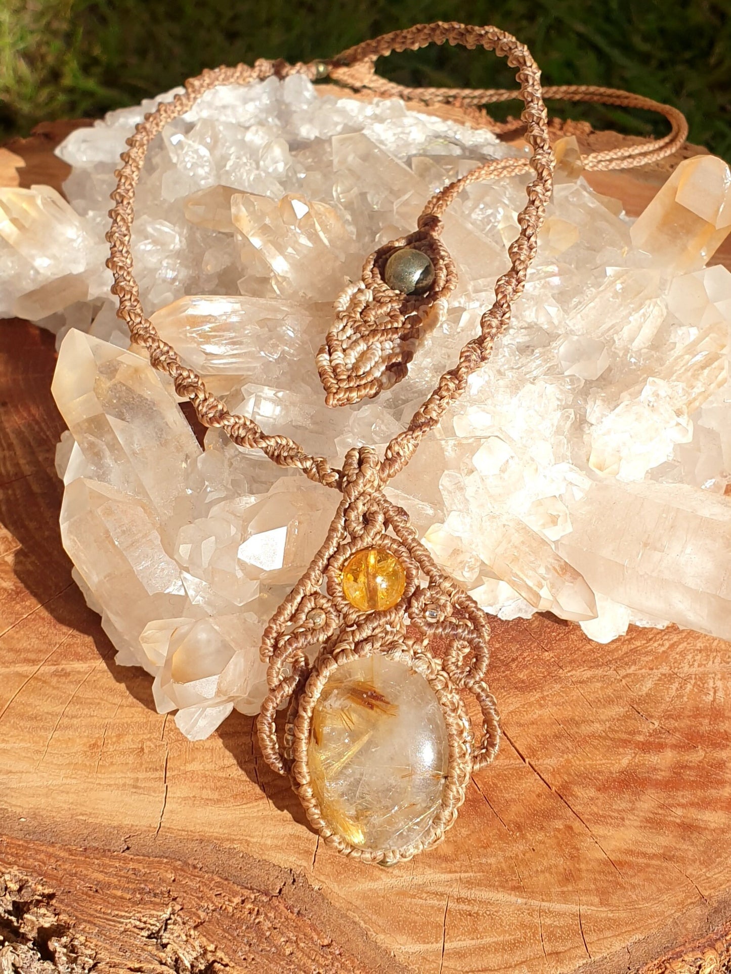 Rutilated Quartz, Citrine, and Pyrite Macrame Pendant Necklace