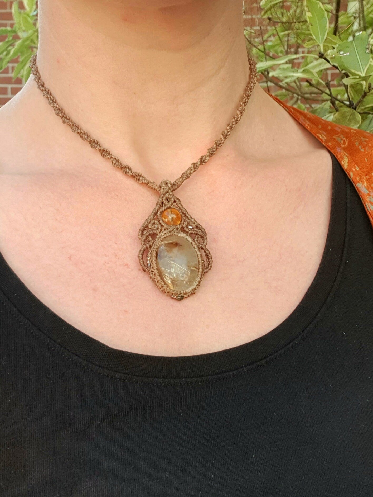 Rutilated Quartz, Citrine, and Pyrite Macrame Pendant Necklace