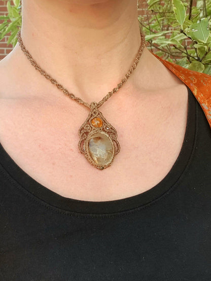 Rutilated Quartz, Citrine, and Pyrite Macrame Pendant Necklace
