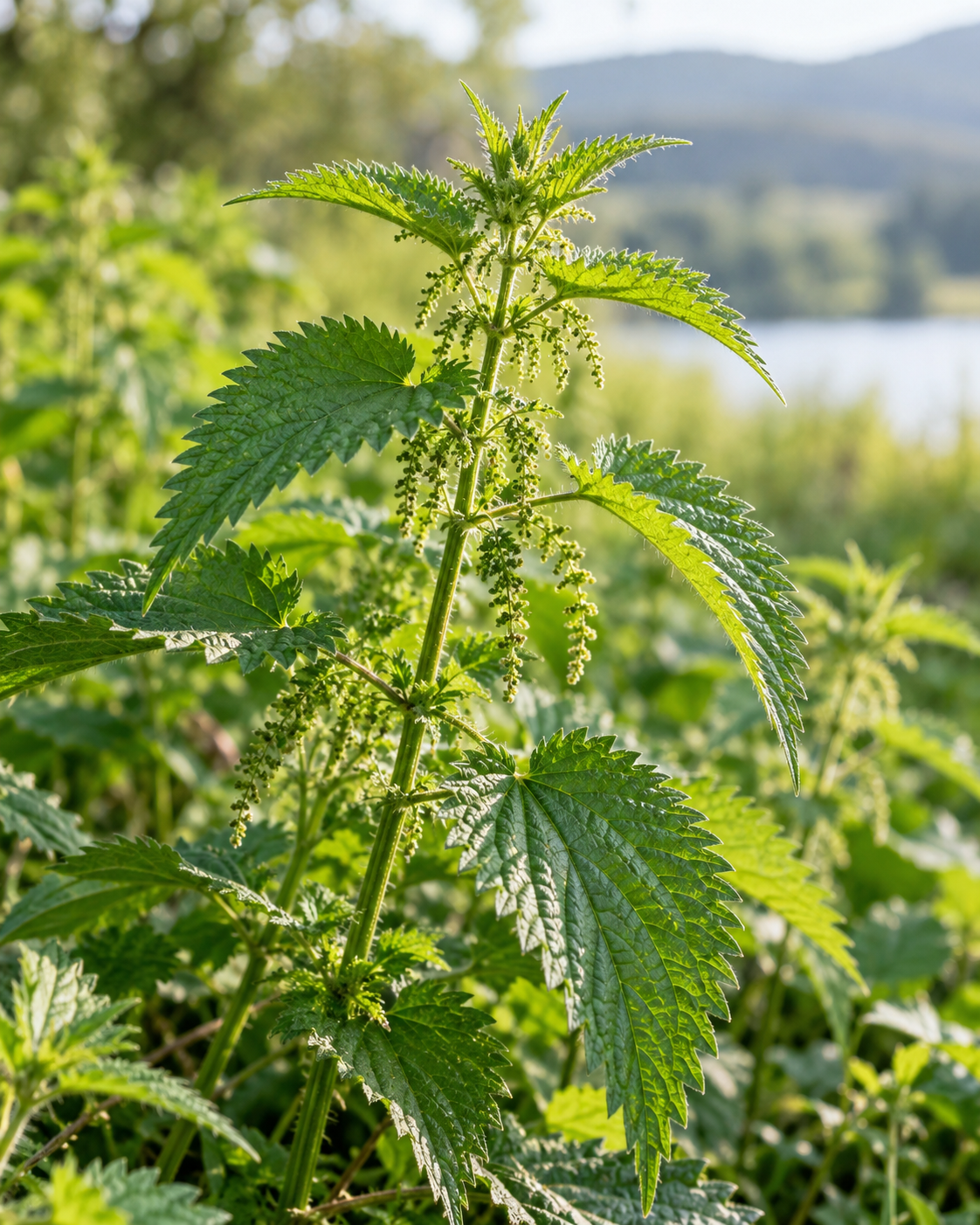 AI-generated botanical illustration of living nettle (Urtica dioica) growing outdoors; not a photograph of the dried retail herb.